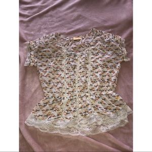 Lace trimmed printed blouse